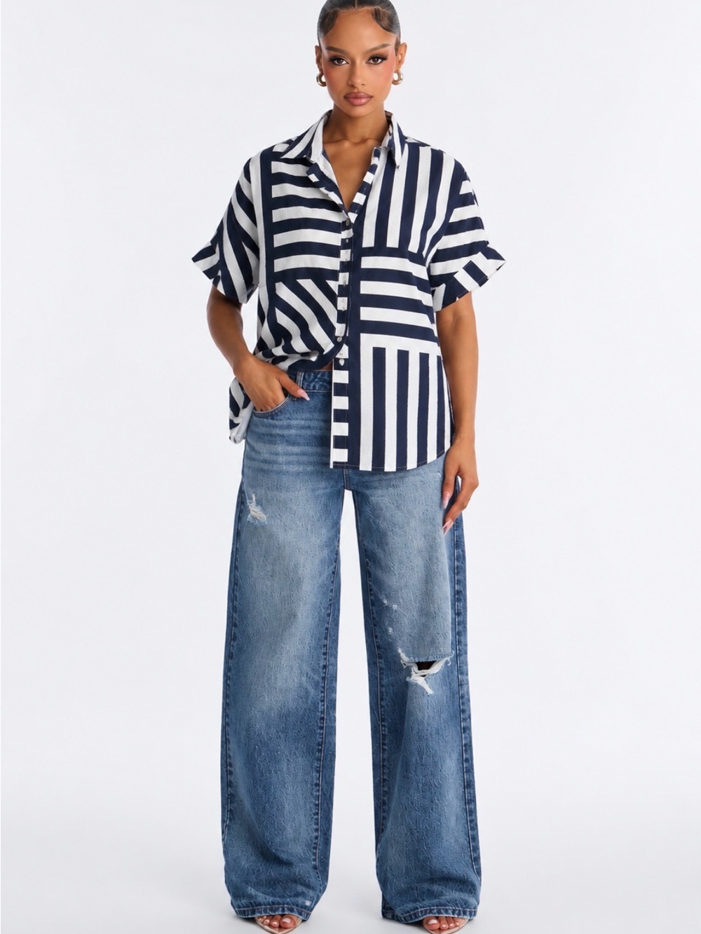 Navy & White Striped Button-Front Women's Top